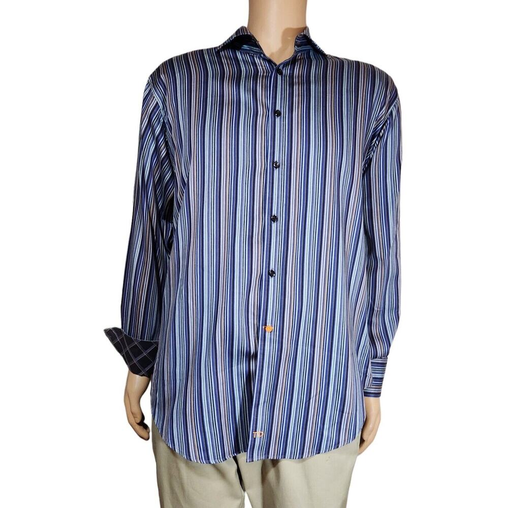 Mens Thomas Dean L/S Blue Striped Button Up Shirt Large NWOT Shirtmaker Cloth